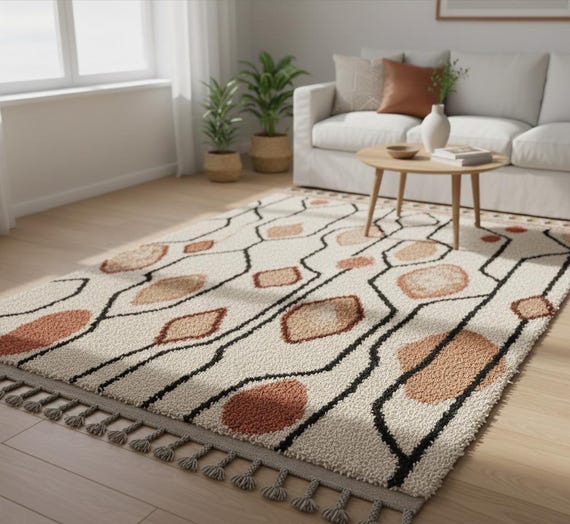 Handwoven Wool Berber Rug : White Beige Bohemian Area Rug with Custom Sizes Available | BERBERUGALLERY