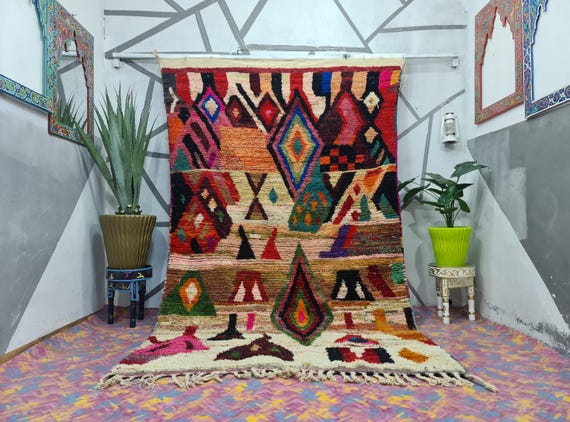 Handwoven Moroccan Boujaad Wool Rug: Multicolored Berber Design