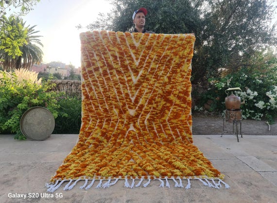 Gorgeous Beni ourain Orange Rug - Moroccan Rug Beni ourain - Authentic Beni ourain Rug - Rug Orange - Orange and Yellow Rug - Tapis Marocain