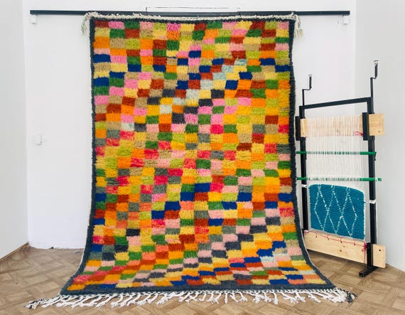Moroccan Handmade Rug, Beni Ourain Style, Modern Hand Woven Wool Berber Rug, Azilal Rainbow Design Rug - Home Decor Aesthetic Trendy