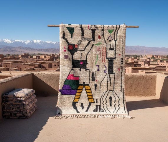 Azilal Style Moroccan Wool Rug - Handmade Berber Carpet | Off-White w/ Black Pink Yellow Shapes | Fringed