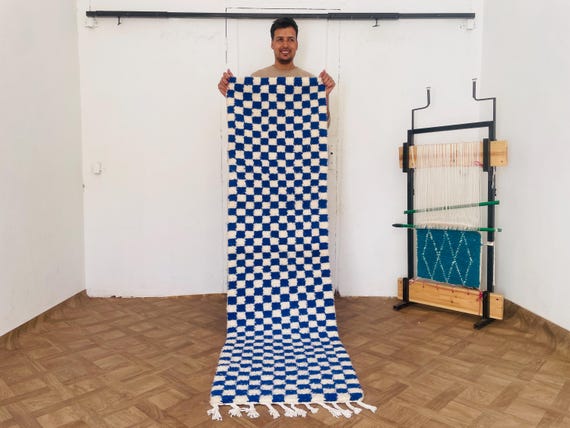 Moroccan Blue Checkered Rug Runner | Wool Checkerboard Runner for Home Decor Kitchen & Dining