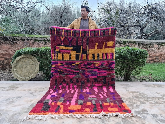Colorful Shag Area Rugs- Purple Moroccan Rug- Dark Wool Carpet Bedroom- Handmade Housewarming Gifts- Primitive Home Decorating Living Room