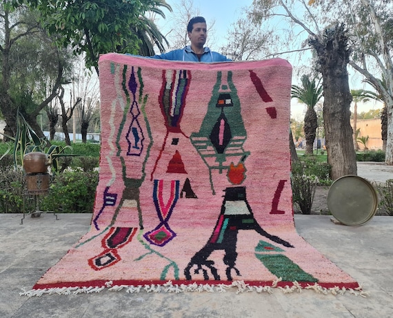 Hand-Knotted Pink & Green Custom Rug – Authentic Boujaad Moroccan Carpet – Traditional Wool Rug – Rustic Handmade Decor for Living Room
