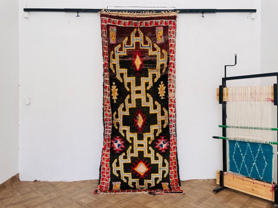 Handmade Red Wool Runner Rug – Vintage Bohemian Carpet for Home Decoration and Hallway Decor