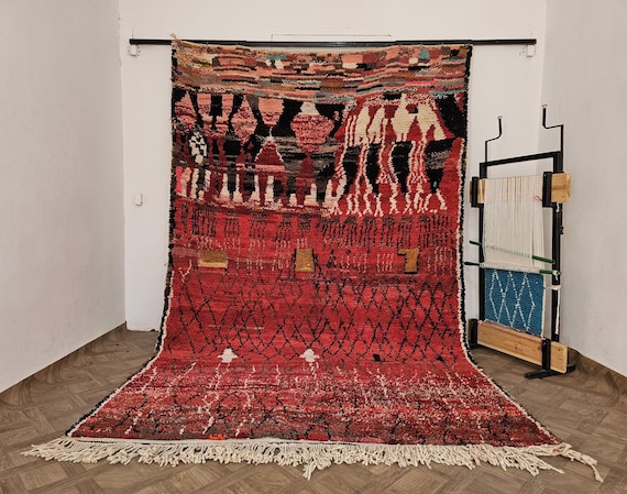 Personalized Moroccan Style Dark Red Wool Rug with Black Pattern
