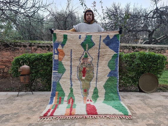 Coup de cœur design ! Tapis Marocain Graphique Asymétrique – Tapis Coloré en Laine Fait Main – Tapis Berbère Contemporain