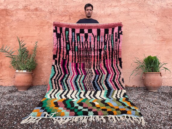 Mid-Century Flair! Colorful Checkered Boujaad Rug – Plush Moroccan Berber Carpet – Large Living Room Rug – Gift for Mom & Dad
