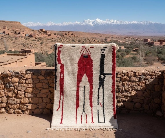 Handmade Moroccan Rug, Red and Black Geometric Design, Textured Wool Pile