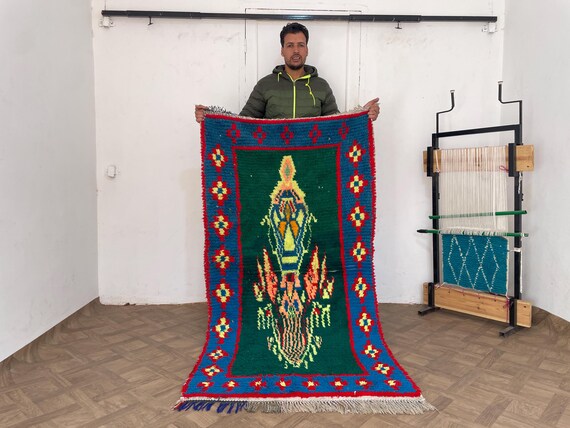 Pet-Friendly Moroccan Rug – Handmade Azilal Berber Tribal Carpet, 3x6 Vintage Green & Blue Rug for Bedroom