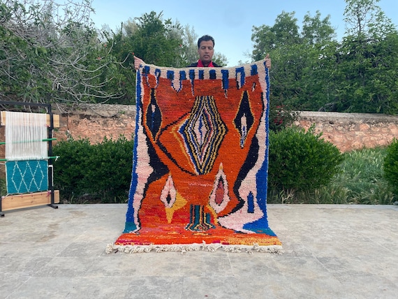 Artistic Area Rug for Bedroom, Orange Fluffy Rug for Living Room, Hand Dyed Shag Rug for Aesthetic Decor, Soft Modern Wool Carpet