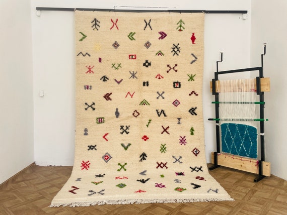 Custom Boho Moroccan Geometric Wool Rug, Shag Berber Carpet for Living Room, Unique Azilal Beni Ourain Rug