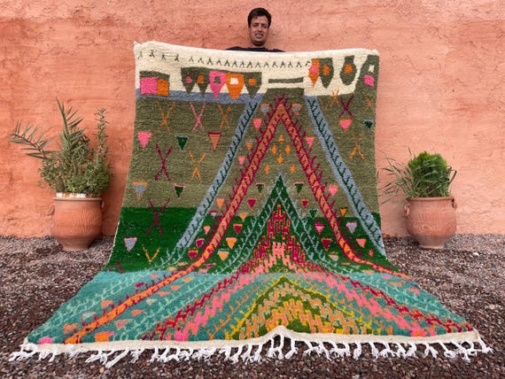 Mountain Soul! Colorful Green Boujaad Rug – Authentic Moroccan Berber Carpet – 9x12 Area Rug – Handmade Wool for Living Room or Wall