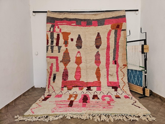 High pile Boho Custom Size Pink Moroccan Rug - Soft pile Wool Moroccan Pink And White Rug - Modern First Home Housewarming Gift