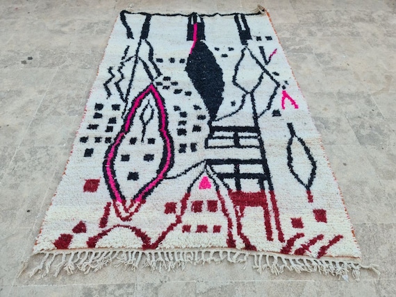 Handmade Beni Ourain Rug: Abstract Wool Berber Carpet, Black, Red & Pink