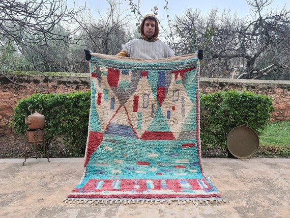 Chunky Wool Rug – Off White & Blue Area Carpet – 8x10 or 9x12 Nursery Living Room Rug – Coastal, Oushak, Moroccan Inspired