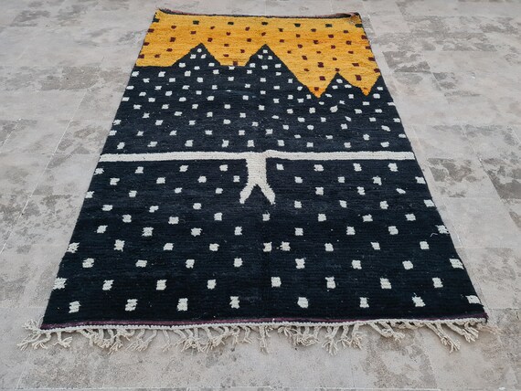 Large Berber Wool Rug 8x10: Black Dotted Moroccan Rug