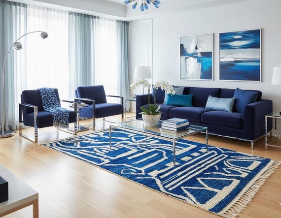 Hand Knotted Wool Rug: Blue White Abstract Geometric | Luxury Modern Living Room Carpet with Fringe