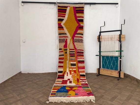 Long Colorful Runner Rug, Handmade Moroccan Boujaad Rug for Hallway, Bohemian Entryway