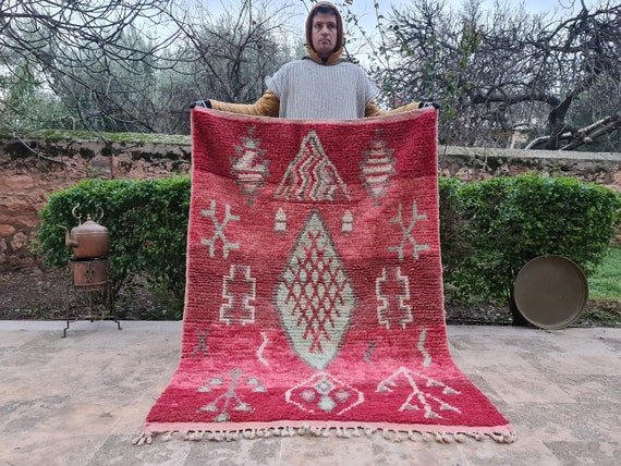 Transform Your Living Room with our Personalized Moroccan Azilal Red Geometric Area Rug - Perfect for Adding a Touch of Bohemian Style