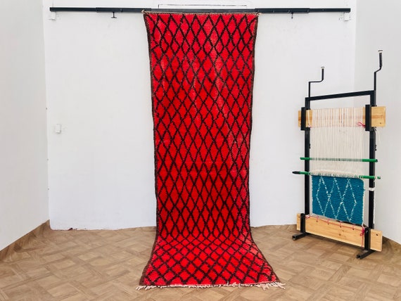 Handmade Red Wool Runner Rug – Vintage Bohemian Carpet for Home Decoration and Hallway Decor