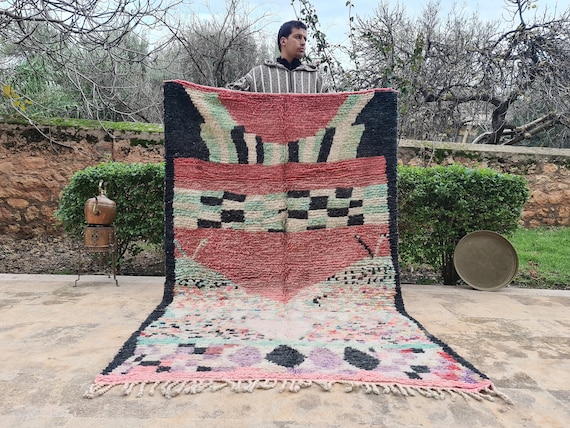 Vintage Red Moroccan Boujaad Rug – Handmade Wool Berber Carpet – Boho Area Rug for Living Room or Bedroom