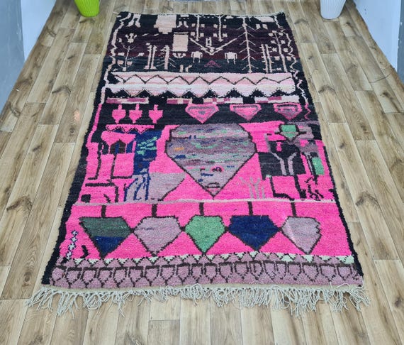 Handmade Pink Boujaad Rug: Berber Wool, Abstract Boho Decor