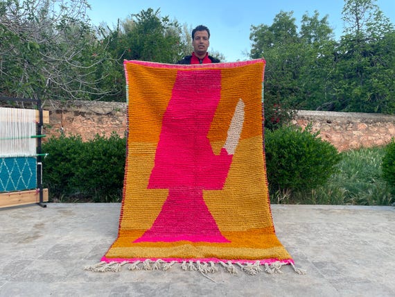 Handmade Boujad Rug - Orange Moroccan Area Rug - Berber Wool Carpet - Tapis Berbère from Morocco - Unique Boho Home Decor Rug