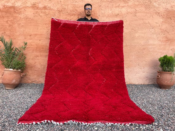 Red Beni Ourain Moroccan Rug – Handmade Wool Shag Rug – Boho Tribal Area Carpet – 6x9 Authentic Berber Rug for Living Room
