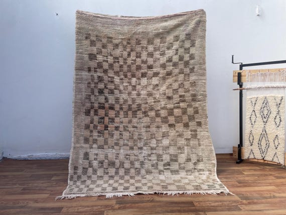 Checkered Moroccan Boujaad Rug - Handwoven Berber Wool Carpet - Neutral Area Rug - Authentic Tribal Bohemian Rug - Outdoor Indoor Use