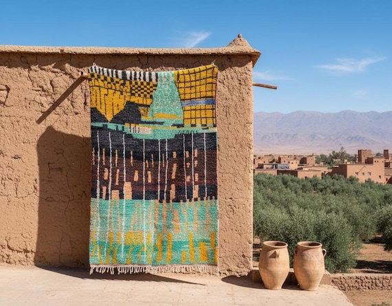 Green Abstract Boujaad Rug – Extra Large Moroccan Wool Rug