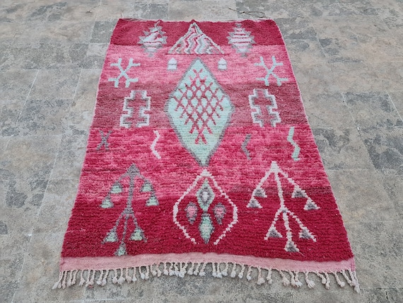 Handmade Pink Moroccan Wool Rug: Aqua Tribal Design, Shaggy Boho Carpet