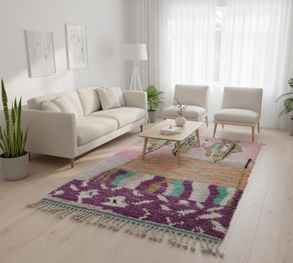 Handwoven Berber Wool Rug, Moroccan Beni Ourain Style, Geometric Fringe