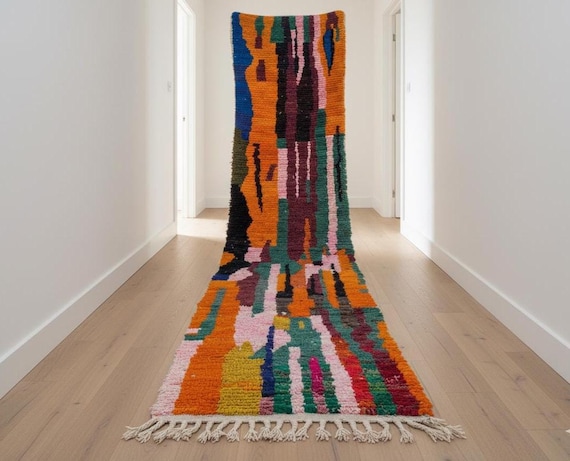 Handmade Bohemian Boujaad Wool Runner Rug, Pink Moroccan Style