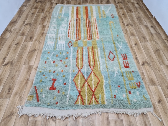 Mint Green Moroccan Rug: Handmade Wool Boujaad Berber Carpet