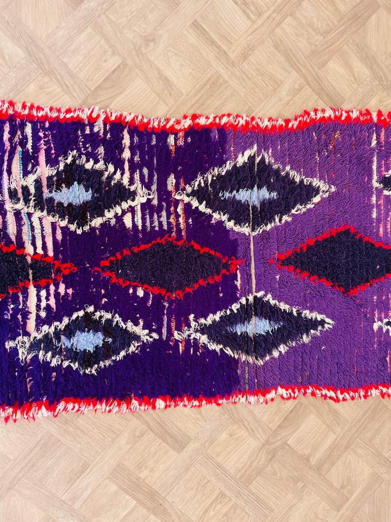 Red & Purple Wool Moroccan Runner Rug Vintage Hallway or Kitchen Carpet