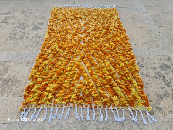 Yellow & Burnt Orange Moroccan Wool Rug: Handwoven Berber Boujad