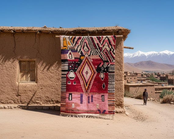 Pink Boujad Moroccan Rug, Authentic Bohemian Area Rug, Large Custom Rug for Living Room