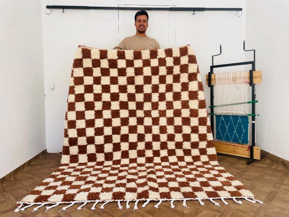 Checkered Rug Brown - Custom Moroccan Beni Rug - Handmade Rug For Bedroom - Custom Rug - Handmade Rug - Morocco Rug - Moroccan Berber Rug
