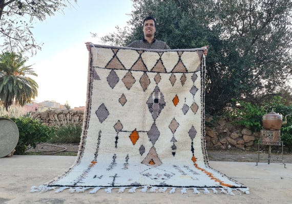 FABULOUS Moroccan Berber Rug – Handwoven Wool Area Rug with Tribal Geometric Pattern, Boho Home Decor, Ivory Orange