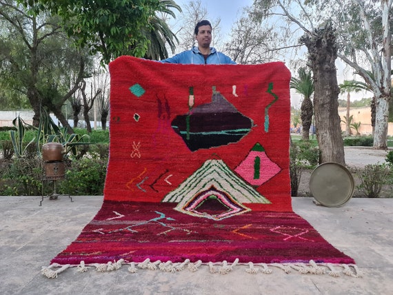 Artistic Red Moroccan Rug – Handmade Wool Berber Carpet | Abstract Custom Rug | Bold Living Room Area Rug | Tapis Rouge Marocain