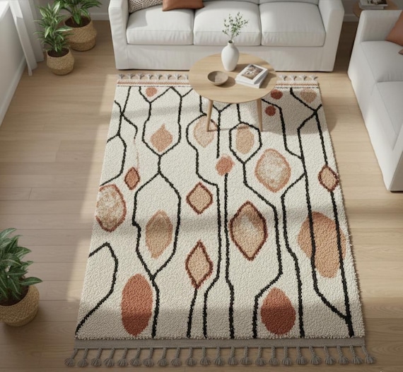 Bohemian Wool Area Rug, Cream & Brown Geometric Berber Rug, Handmade Moroccan Decor | Custom Order