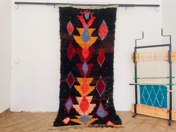 Area Rug 3x8, Black Vintage Rug Runner, Oversized Rustic Rug, Moroccan Rug, Hand knotted Rug, Living Room Rug, Home Decor Rug, Rustic Rug