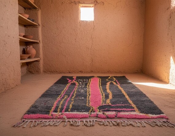 Handmade Pink, Black, Grey Abstract Berber Carpet | Geometric Wool Rug with Fringe