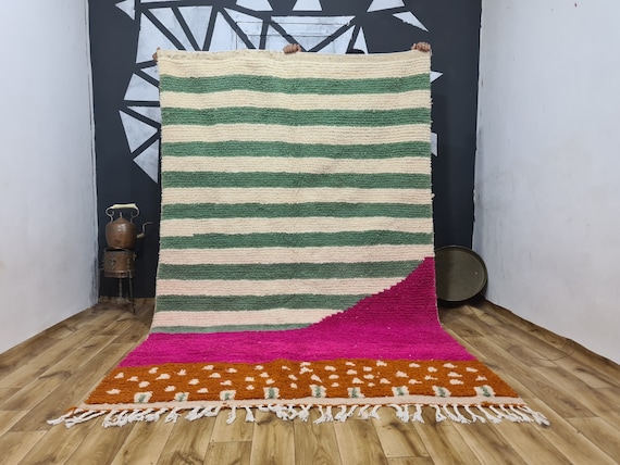 Bohemian Pink Wool Blanket , Handmade Green Carpet , Beni Ourain Bohemian Fluffy Rug , Handcrafted Orange Rug , Personalized Floor Accent