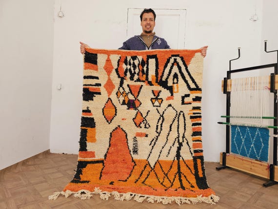 Orange Mid Century Modern Rug, Handmade Moroccan Area Rug, New Home Gift, Custom Rug, Wedding Gift