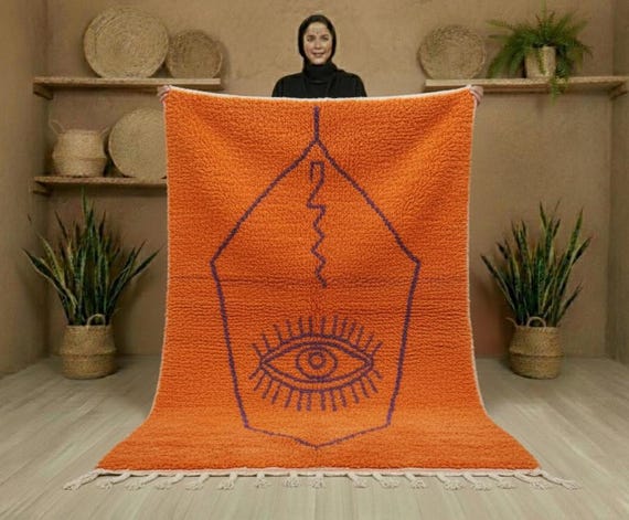 Handmade Orange Wool Berber Rug – Evil Eye Shag Rug, Boho Decor