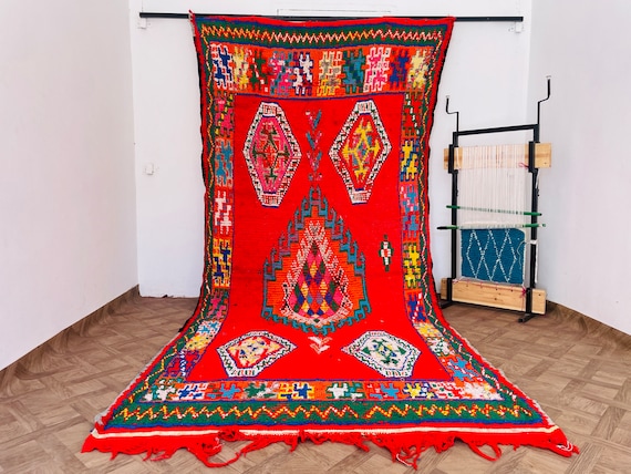 Handmade Moroccan Wool Area Rug | Colorful Vintage Boho Berber Rug for Living Room - Bohemian Style Decor