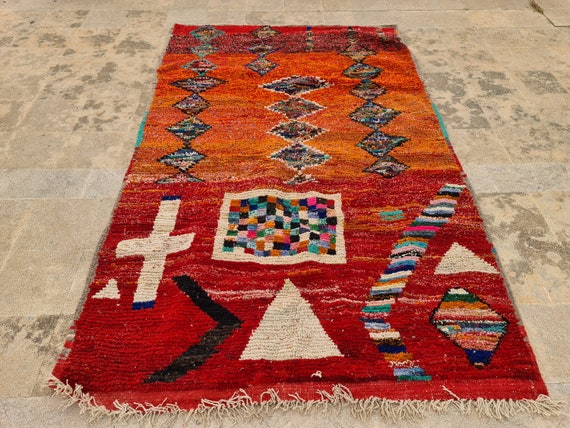 Handmade Orange Boujaad Wool Rug: Berber Boho Design, 9x12