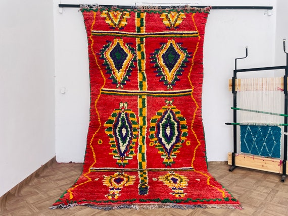 Stunning Red and Yellow Wool Rug, Vintage Moroccan Handmade Area Rug, Bohemian Living Room Decor
